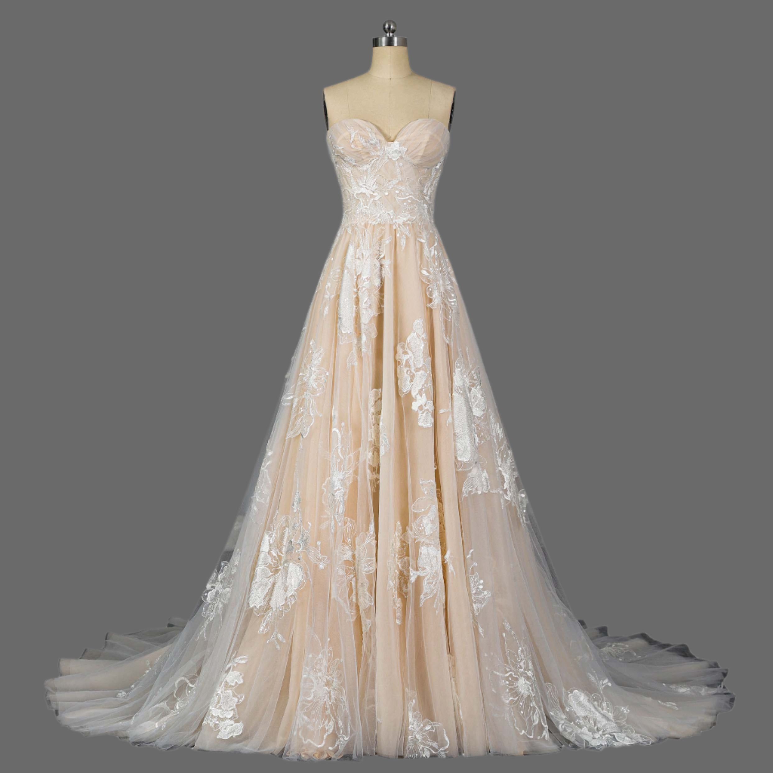 Stunning Champagne A-Line Wedding Dress with Floral Lace Appliqués - Sweetheart Neckline & Chapel Train